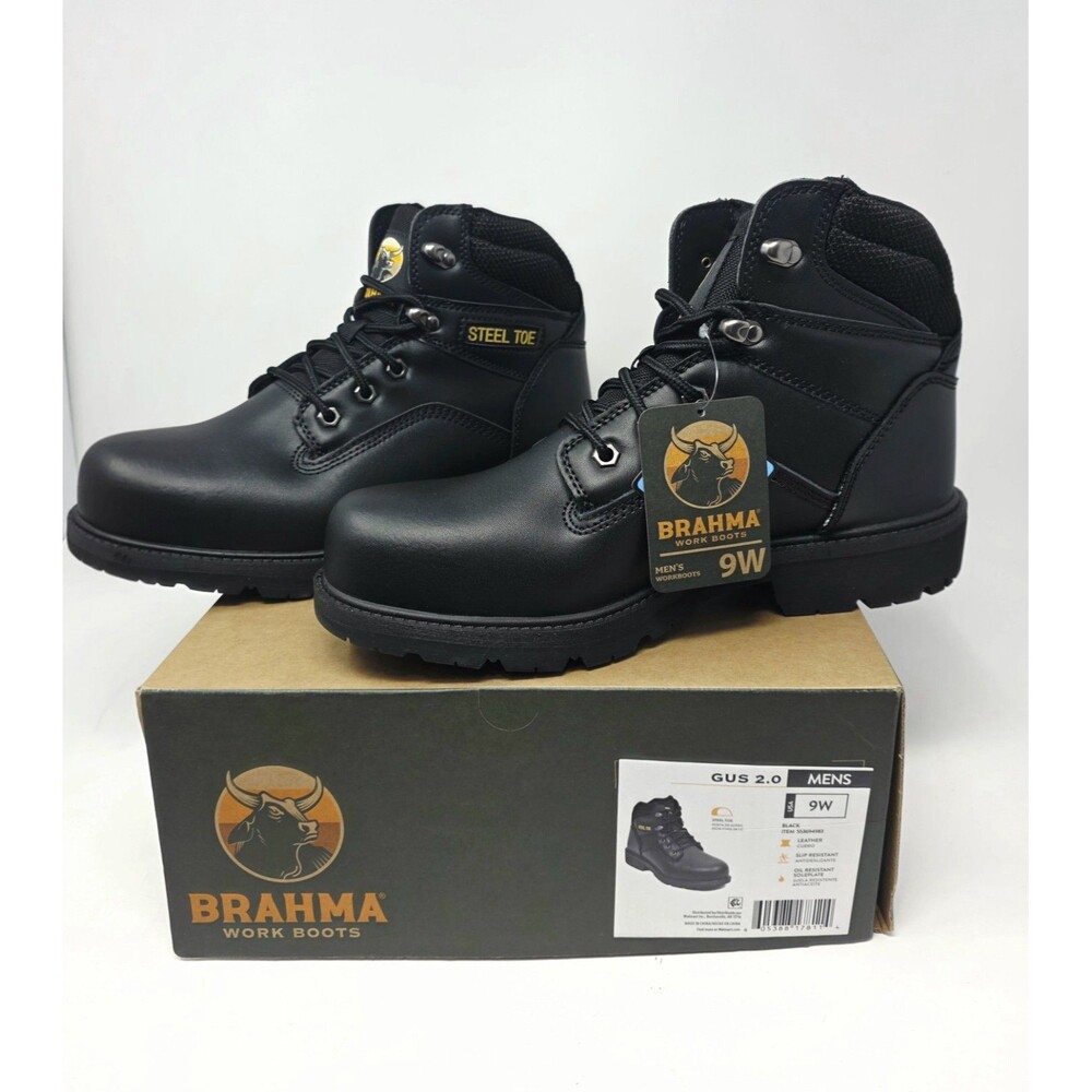 Brahma Mens 9W Wide Width 6" Gus 2.0 Steel Toe Black Leather Work Boots Lace Up